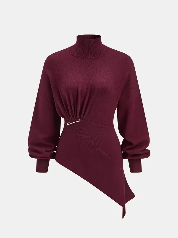 Asymmetric Turtleneck Knit Top with Safety Pin sold by COMMENSE