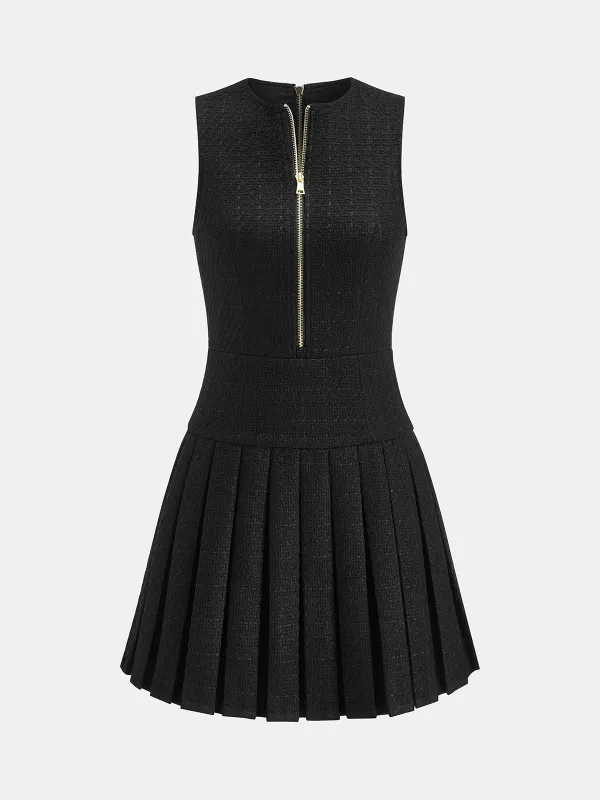 Zip-Front Pleated Tweed Mini Dress sold by COMMENSE