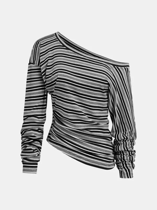 Asymmetric Striped Top with Off-Shoulder Design sold by COMMENSE
