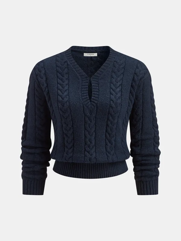 Cable Knit V-Neck Cropped Sweater sold by COMMENSE
