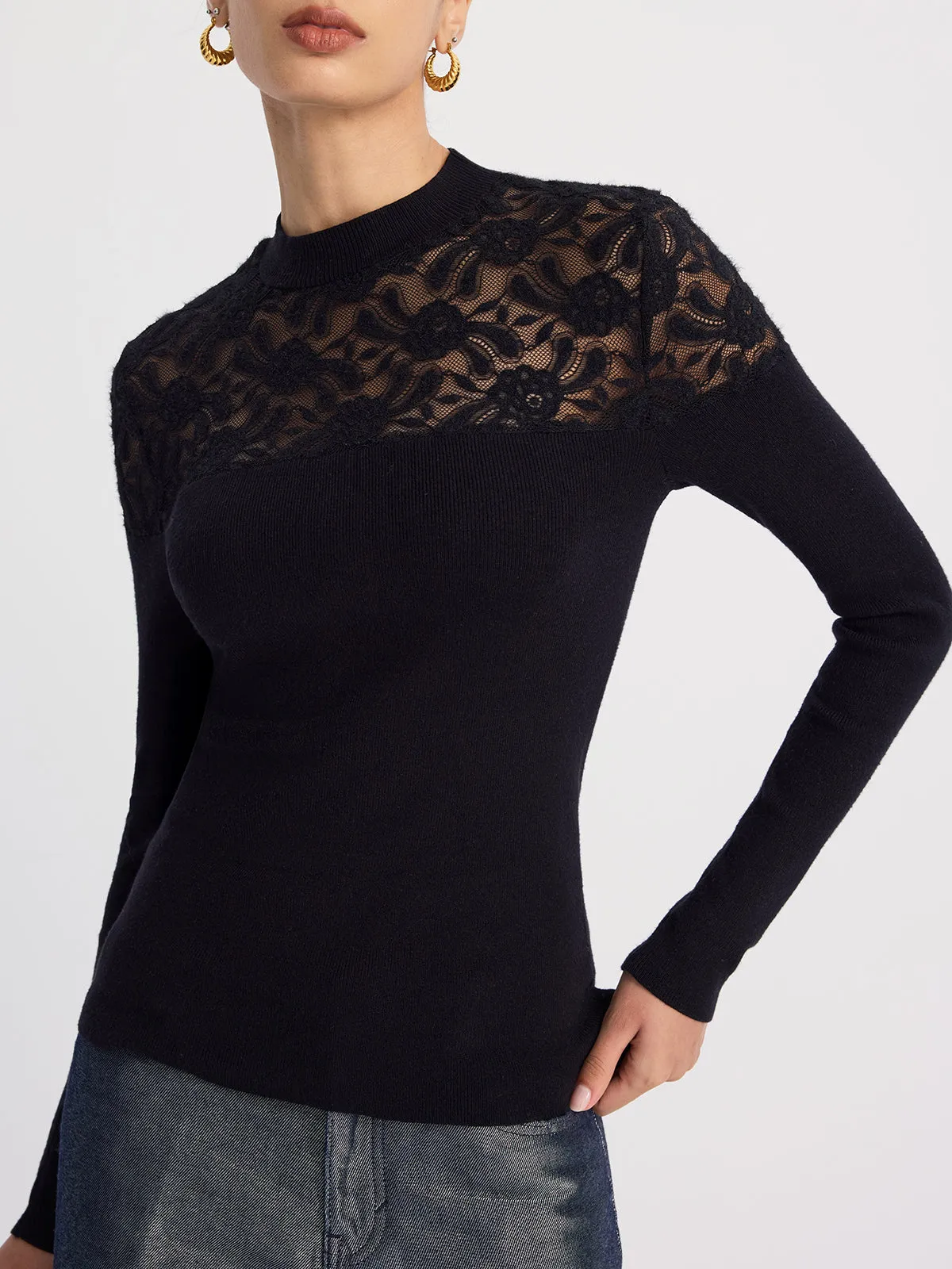 Sheer-Lace Paneled Knit Sweater sold by COMMENSE product image thumbnail 4