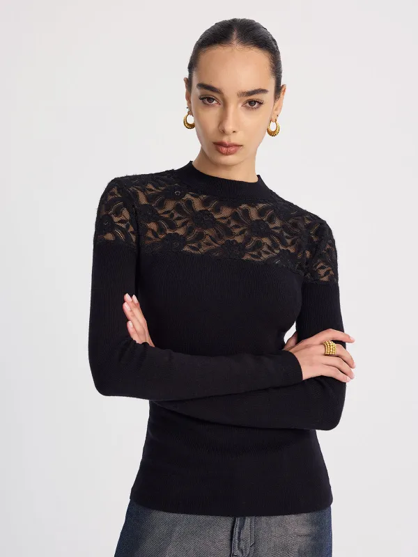 Sheer-Lace Paneled Knit Sweater sold by COMMENSE