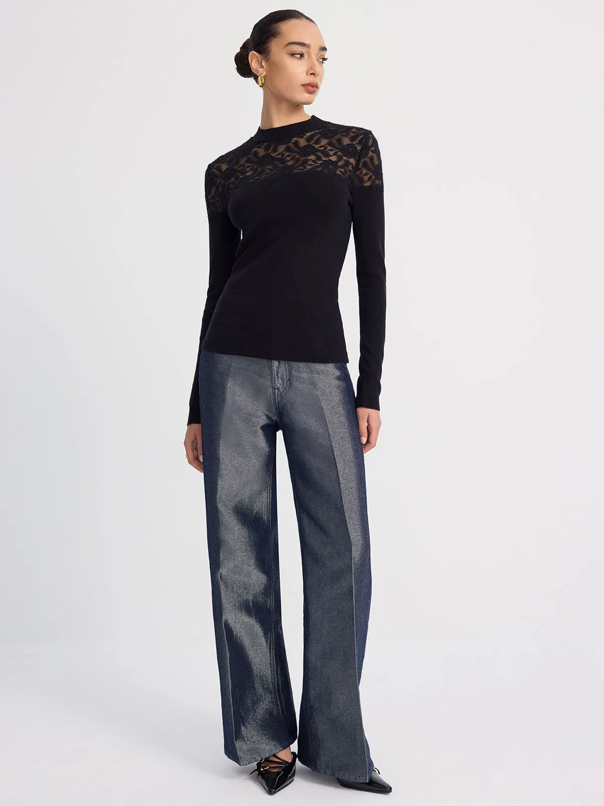 Sheer-Lace Paneled Knit Sweater sold by COMMENSE product image thumbnail 5