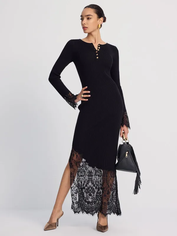 Lace-Trimmed Ribbed Knit Midi Dress sold by COMMENSE