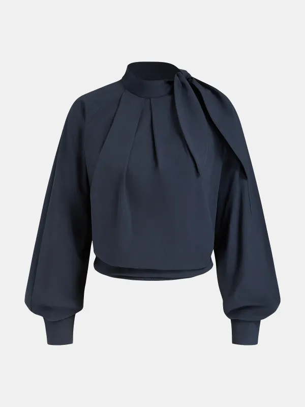 Tie-Neck Balloon Sleeve Cropped Blouse sold by COMMENSE
