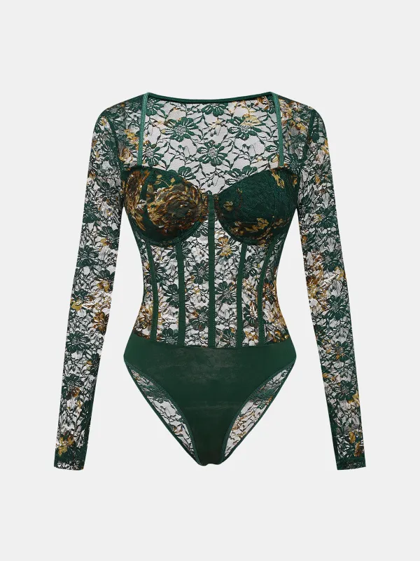Sheer Floral Lace Corset Bodysuit sold by COMMENSE