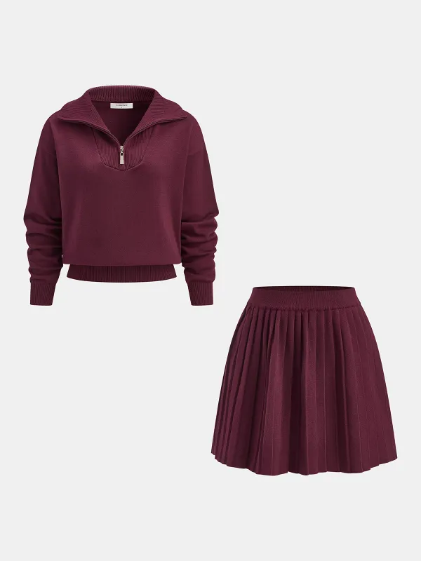Half-Zip Knit Top & Pleated Skirt Set sold by COMMENSE