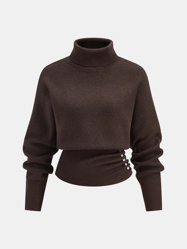Side Pleats Turtleneck Cinched-Waist Knit Sweater sold by COMMENSE