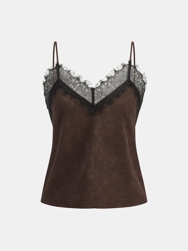 Lace-Trim Suede Camisole Top sold by COMMENSE
