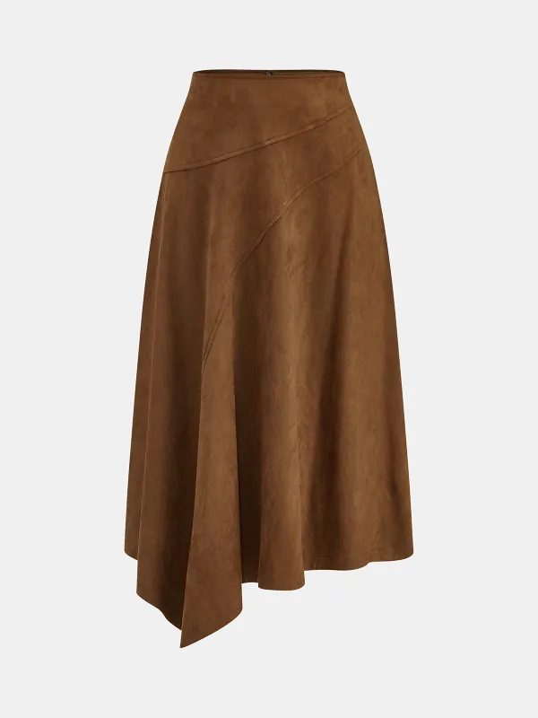 Asymmetric High-Waisted Suede A-Line Midi Skirt sold by COMMENSE