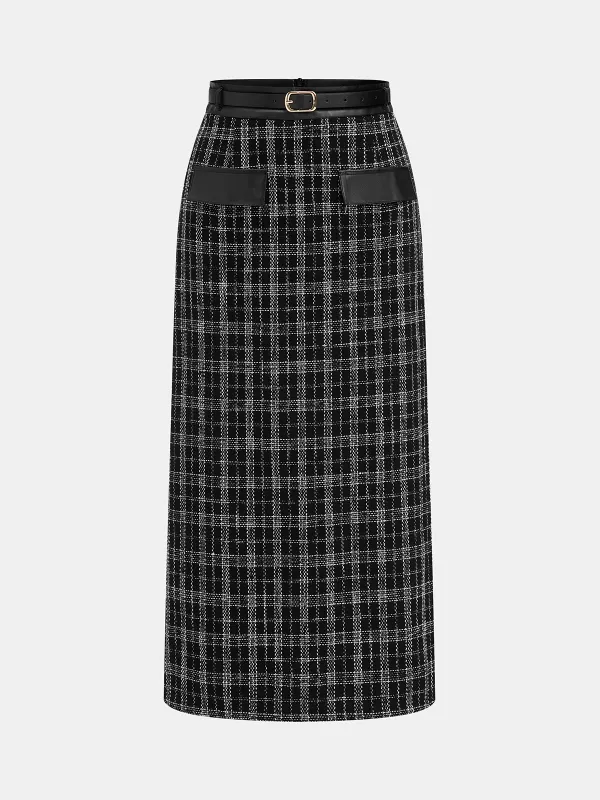 Belted Plaid Tweed Skirt sold by COMMENSE