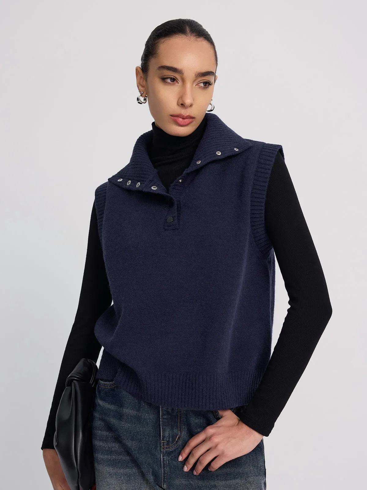 Button-Detail Collared Knit Vest sold by COMMENSE