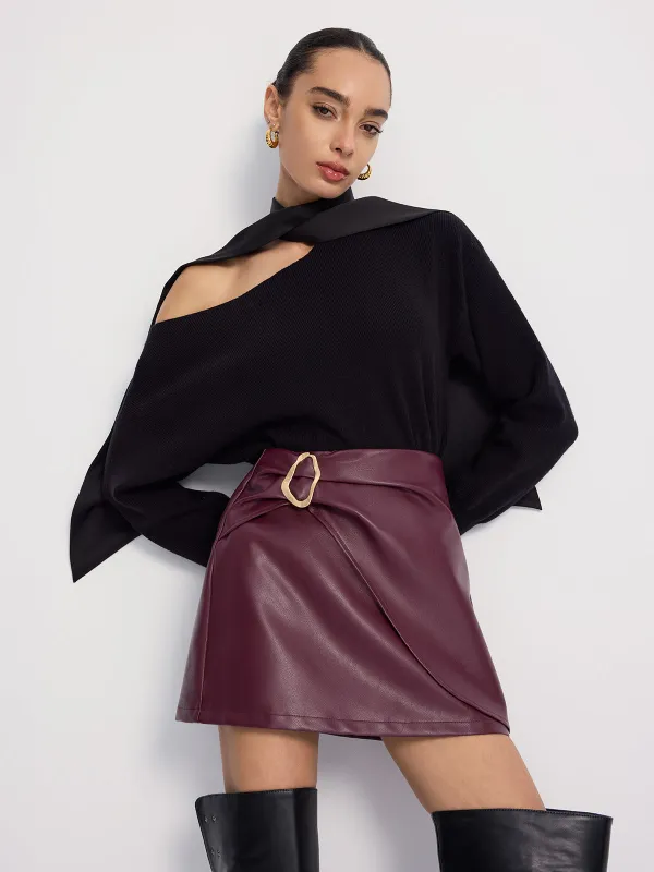 Metal-Detailed Faux Leather Wrap Mini Skirt sold by COMMENSE