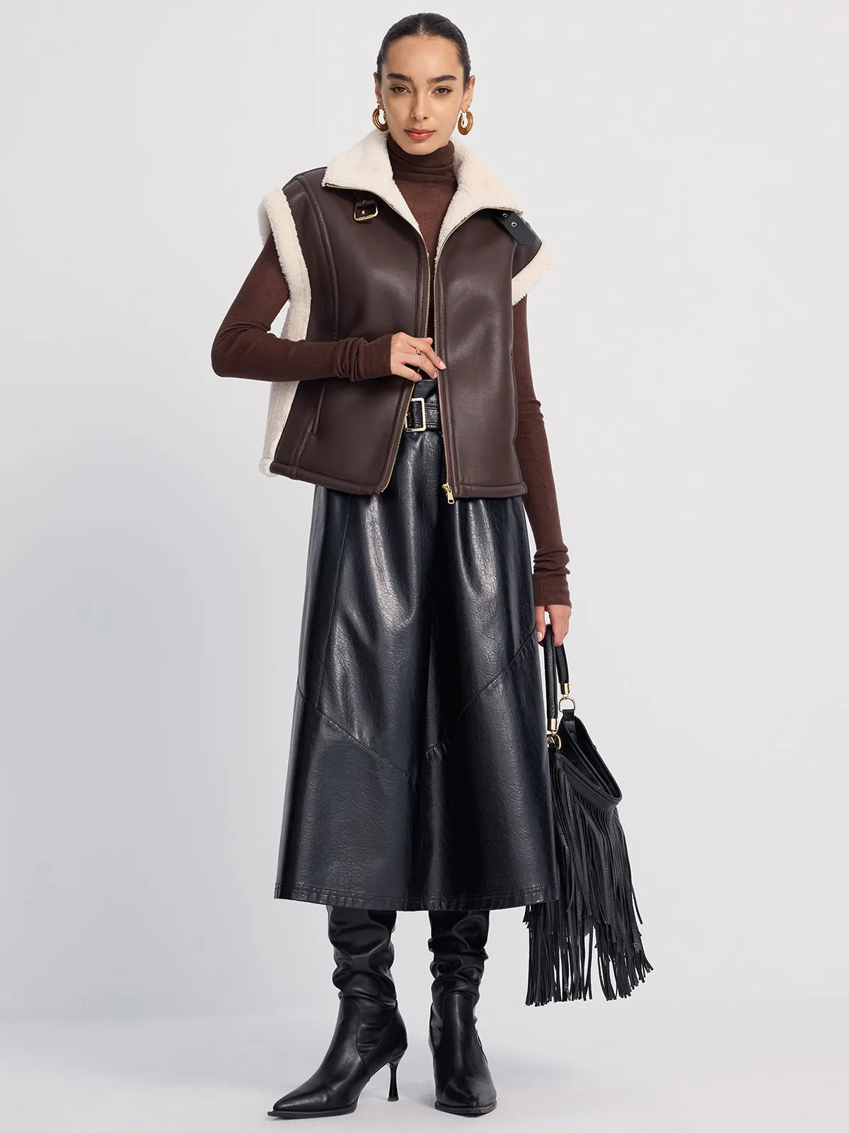 Shearling-Trimmed Faux Leather Sleeveless Vest sold by COMMENSE product image thumbnail 3