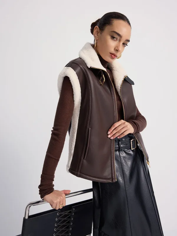Shearling-Trimmed Faux Leather Sleeveless Vest sold by COMMENSE
