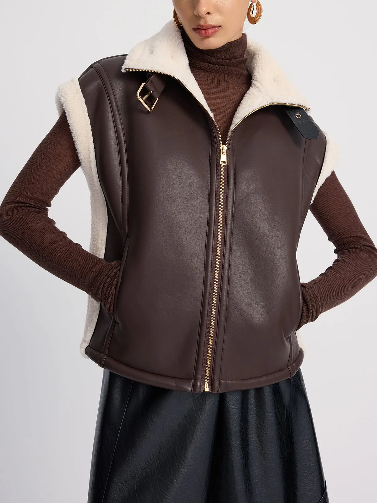Shearling-Trimmed Faux Leather Sleeveless Vest sold by COMMENSE product image thumbnail 5