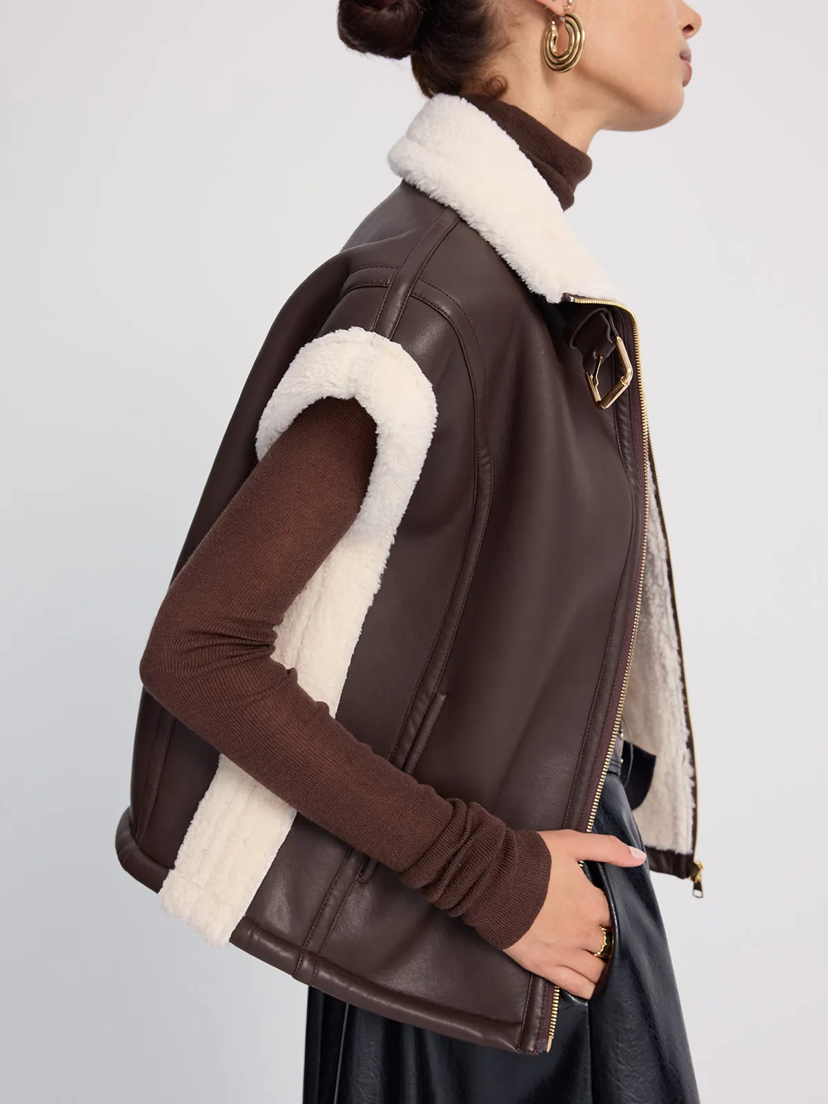 Shearling-Trimmed Faux Leather Sleeveless Vest sold by COMMENSE product image thumbnail 2