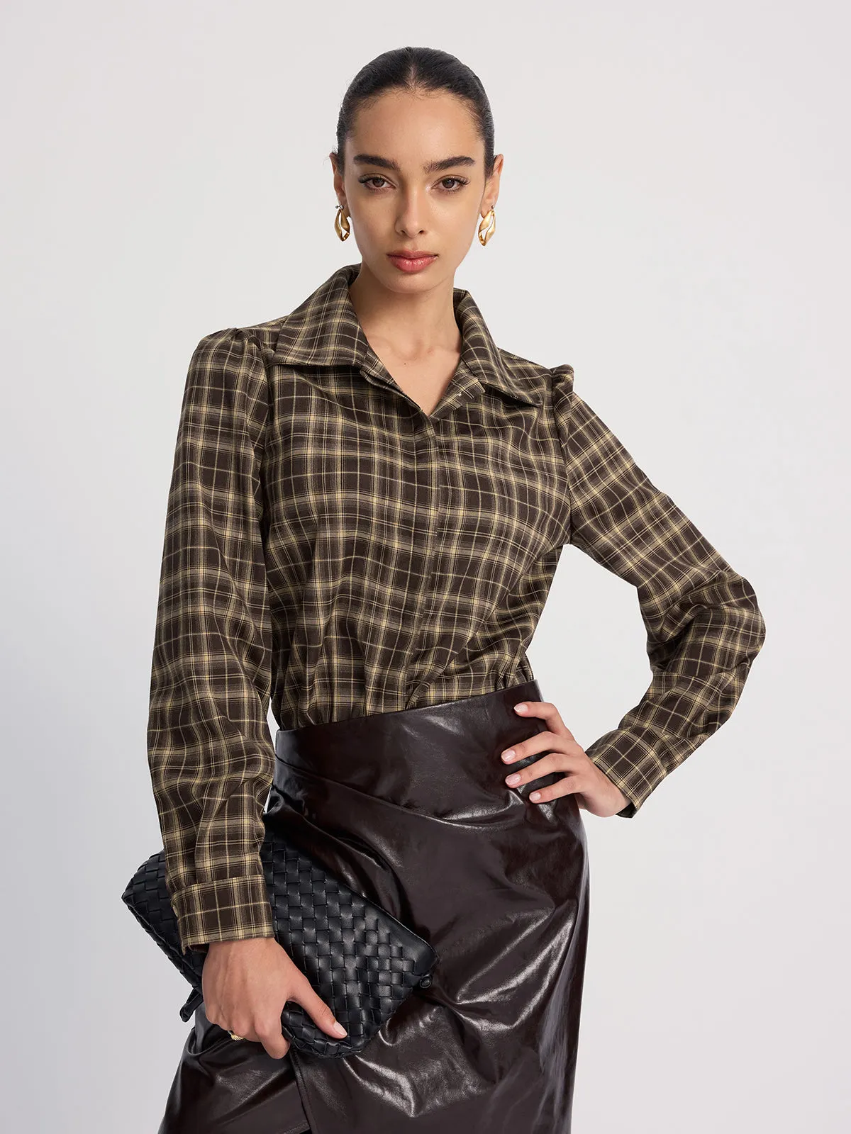 Collared Puff-Sleeve Plaid Bodysuit sold by COMMENSE
