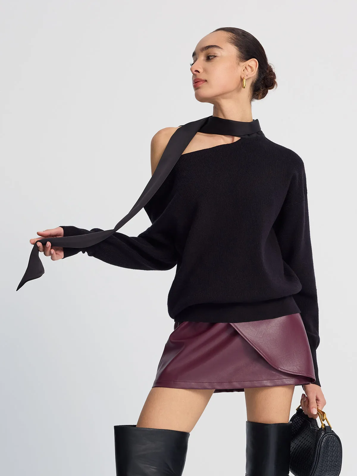 Tie-Detail Cold-Shoulder Knit Sweater sold by COMMENSE product image thumbnail 5