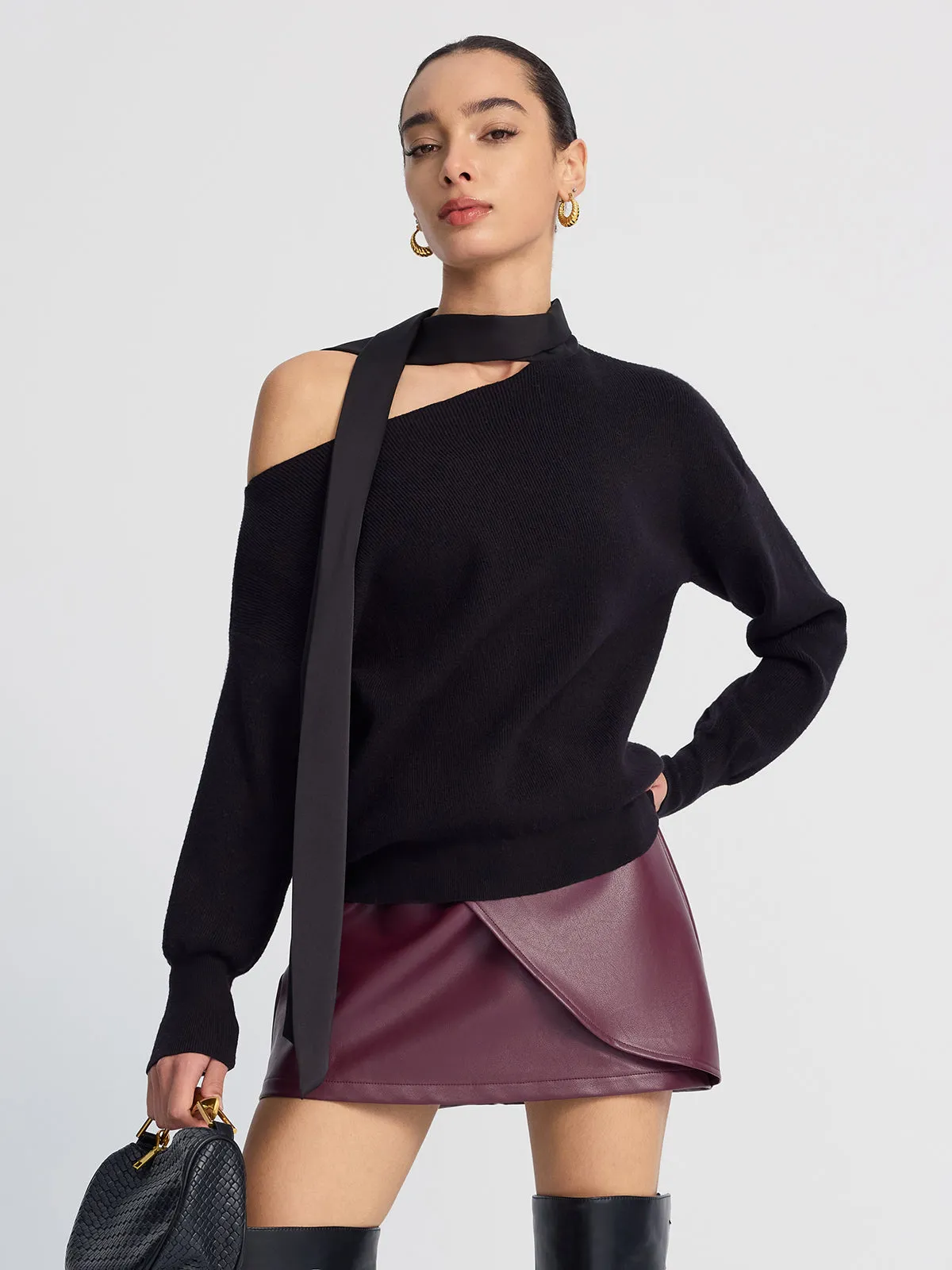 Tie-Detail Cold-Shoulder Knit Sweater sold by COMMENSE