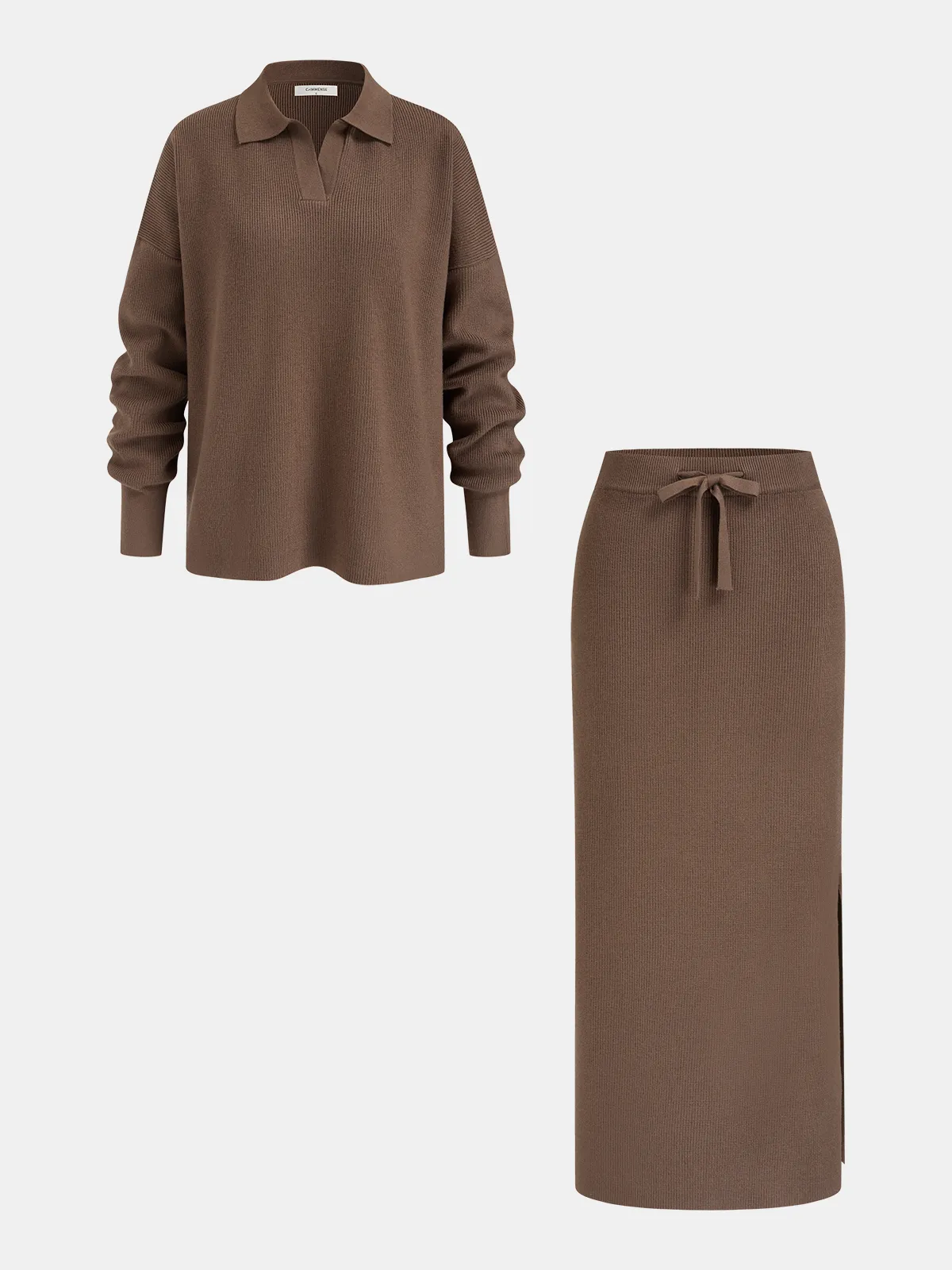 Polo-Neck Knit Top & Tie-Waist Midi Skirt Set sold by COMMENSE