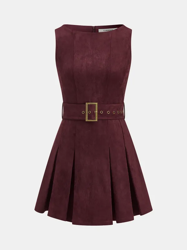 Belted Suede Pleated Mini Dress sold by COMMENSE