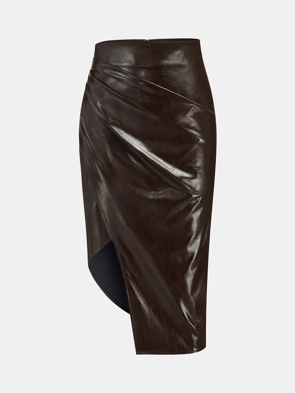 Asymmetric Ruched Slit Faux Leather Midi Skirt sold by COMMENSE