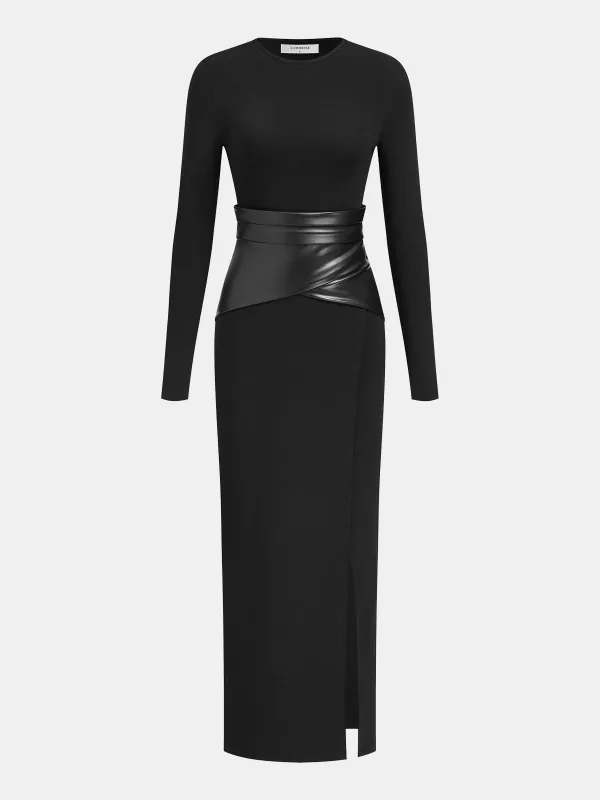 Faux Leather Wrap Waist Dress with Side Slit sold by COMMENSE