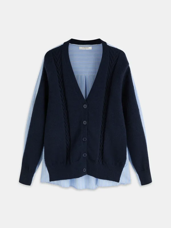 Layered Cable-Knit Striped Shirt Cardigan sold by COMMENSE