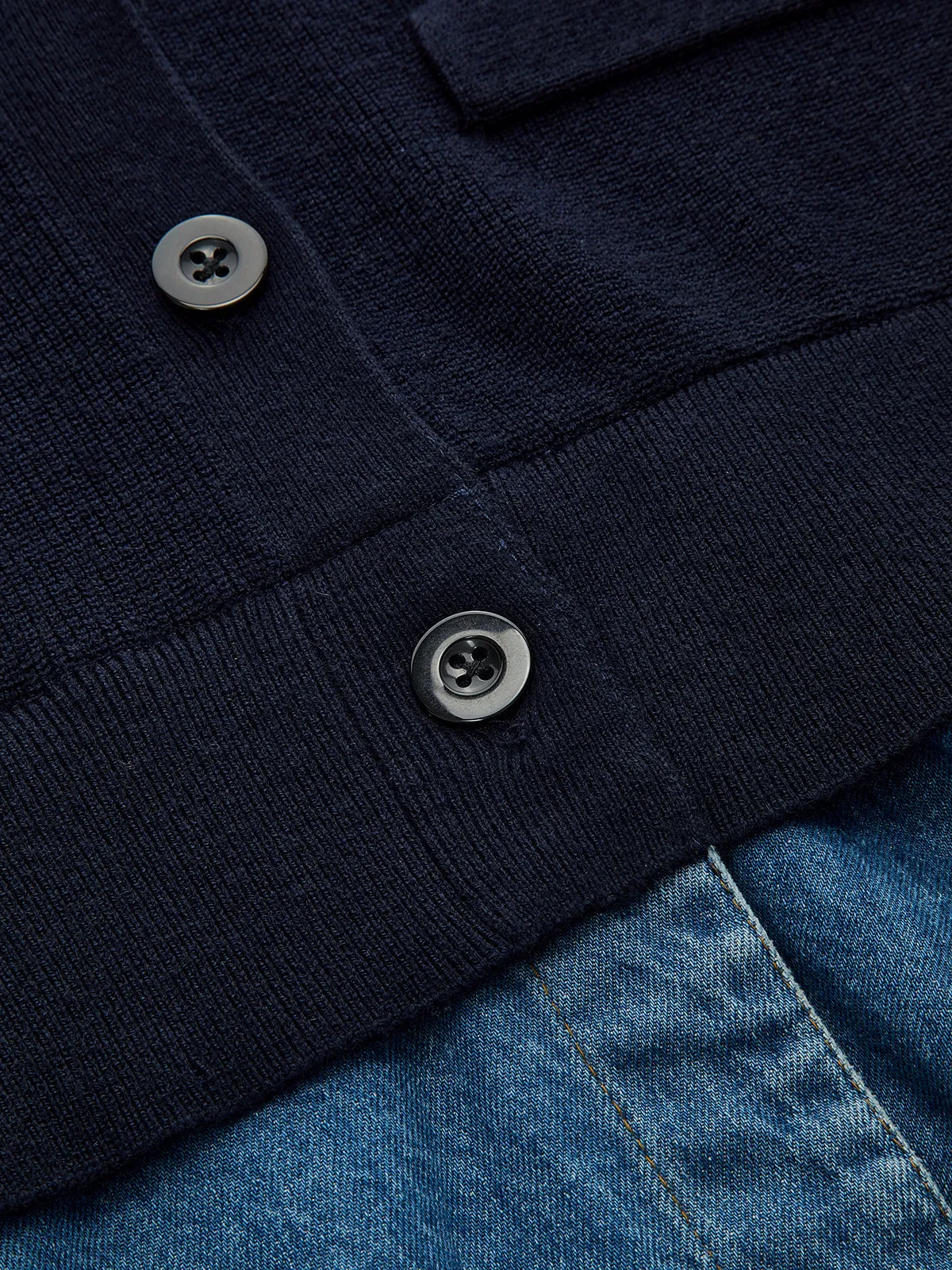 Denim-Paneled Ruffled V-Neck Knit Cardigan sold by COMMENSE product image thumbnail 4