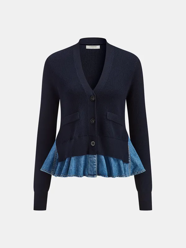 Denim-Paneled Ruffled V-Neck Knit Cardigan sold by COMMENSE
