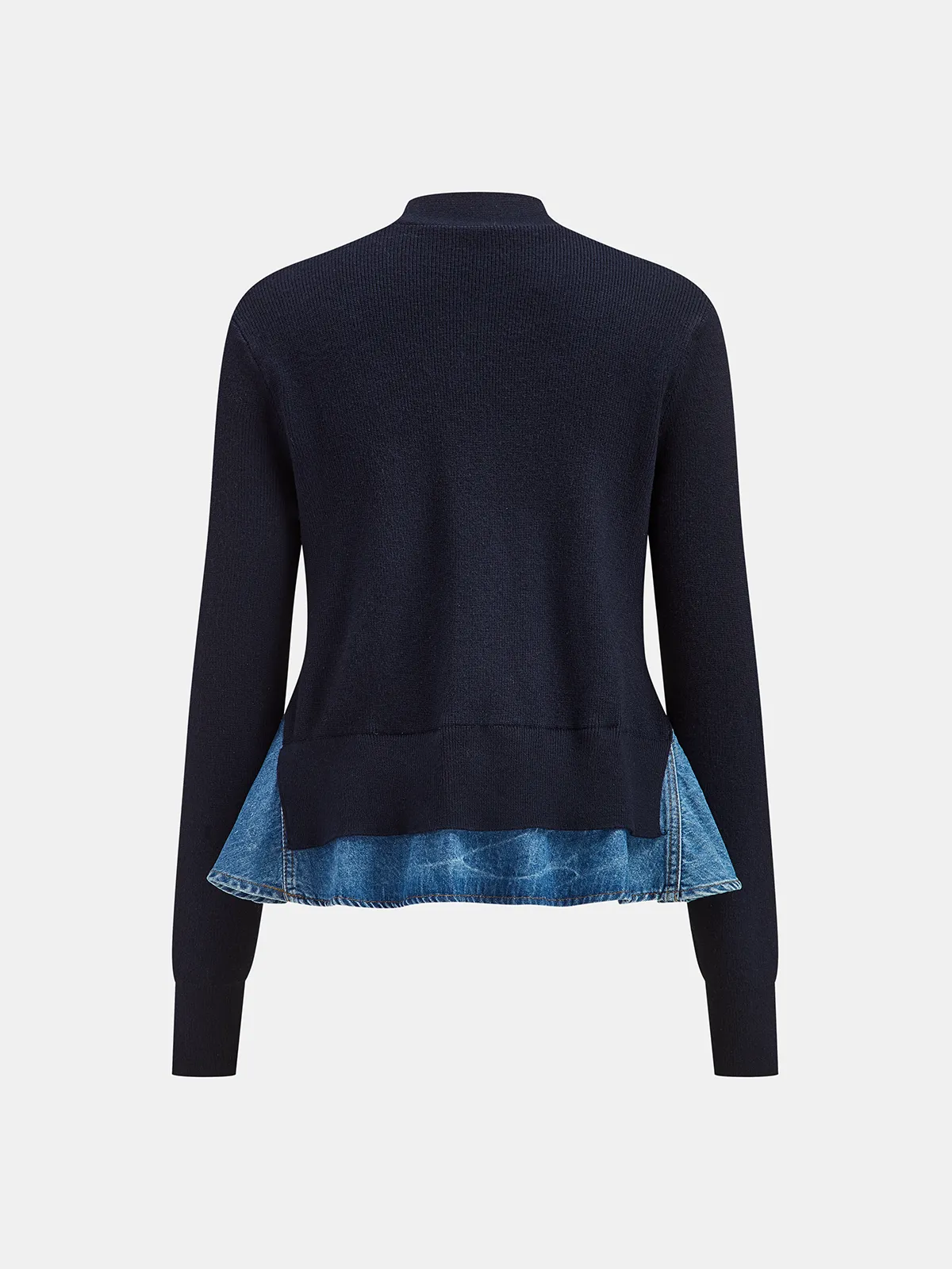 Denim-Paneled Ruffled V-Neck Knit Cardigan sold by COMMENSE product image thumbnail 2