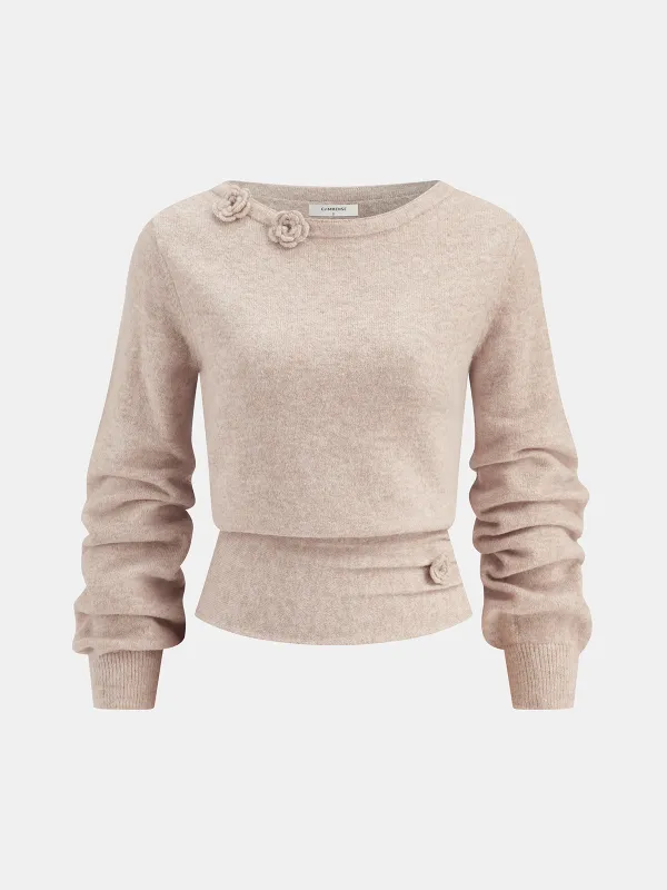 3D Floral Embellished Cinched-Waist Knit Top sold by COMMENSE