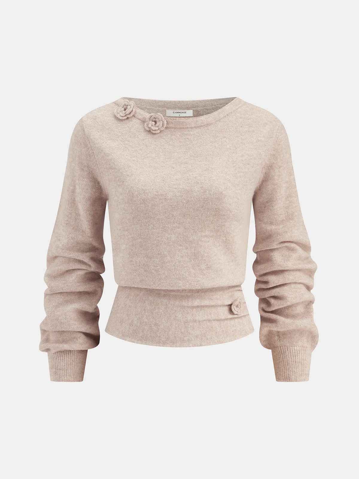 3D Floral Embellished Cinched-Waist Knit Top sold by COMMENSE