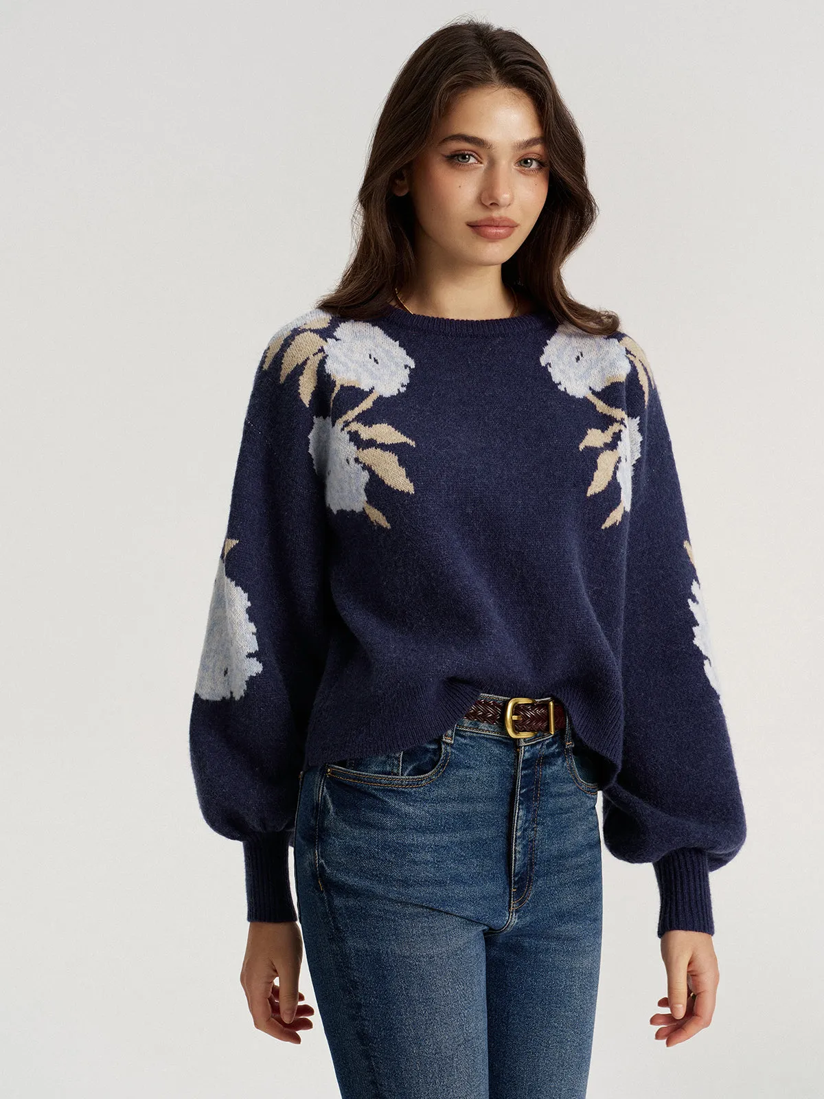 Floral Jacquard Balloon Sleeve Knit Top sold by COMMENSE