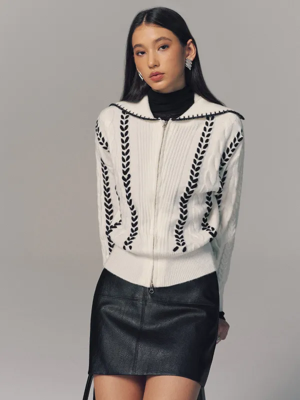Contrast Trim Cable Knit Zip-Up Cardigan sold by COMMENSE