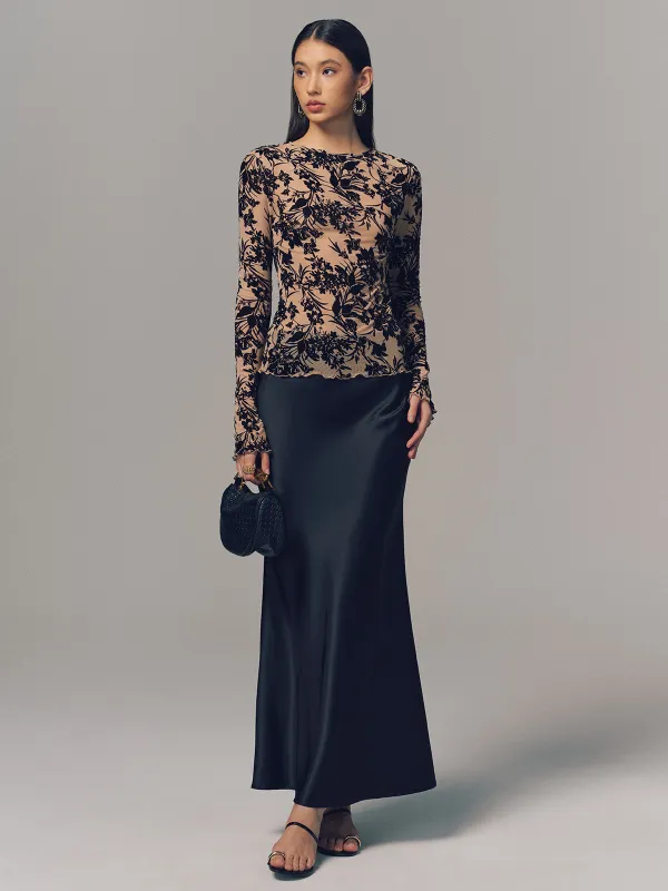 Flocked Sheer Mesh Long Sleeve Top sold by COMMENSE