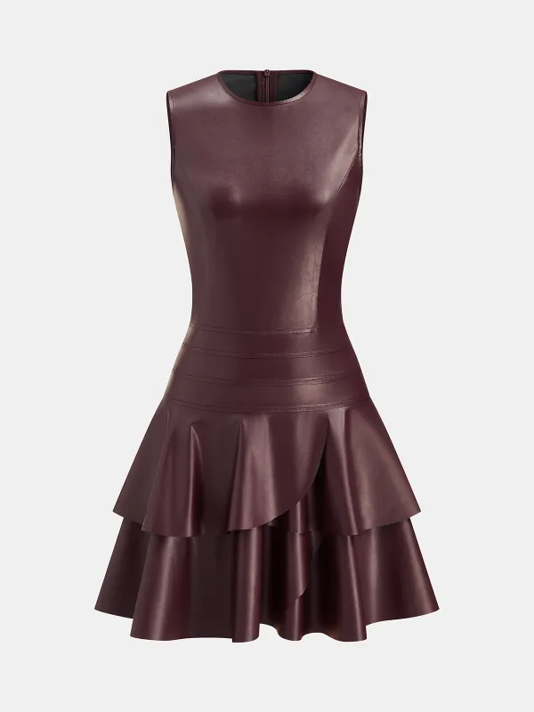 Sleeveless Faux Leather Tiered Ruffle Mini Dress made by COMMENSE
