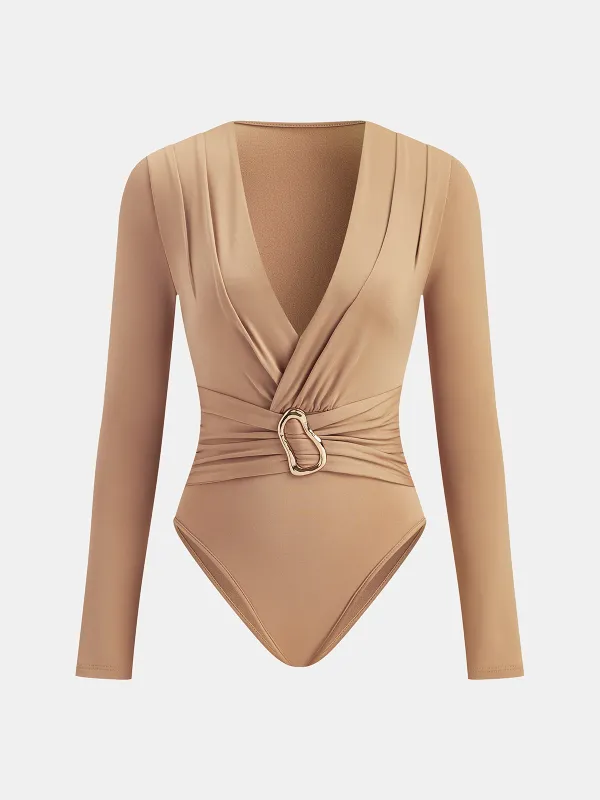 Deep V-Neck Buckle Detail Long Sleeve Bodysuit made by COMMENSE