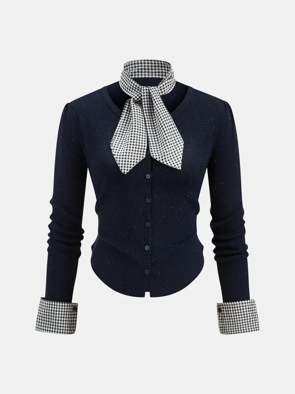 Gingham Cuff Button Front Cardigan with Scarf sold by COMMENSE