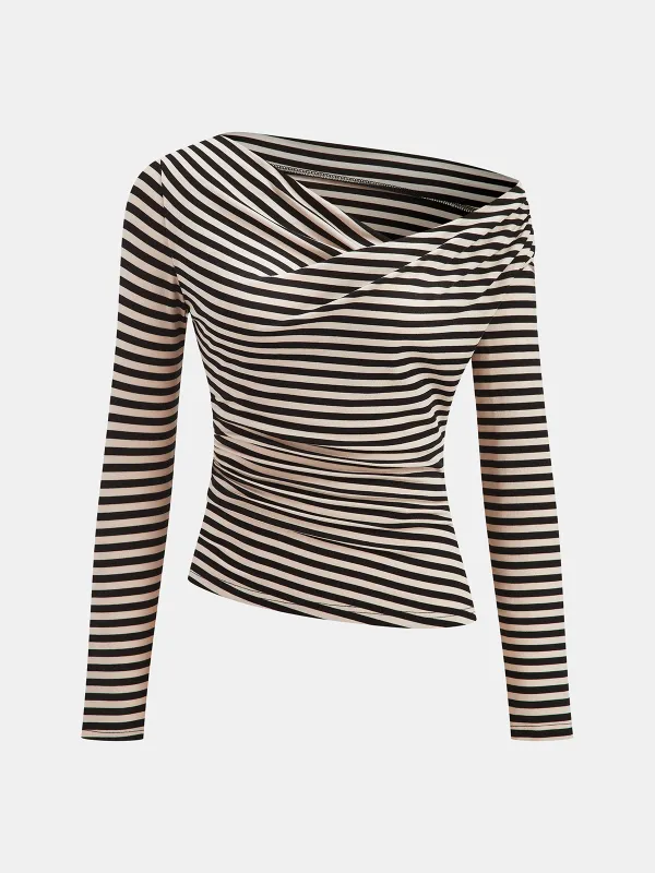 Striped Cowl Neck Ruched Long Sleeve Top sold by COMMENSE