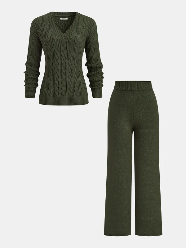 Cable Knit Sweater & Wide-Leg Pant Set sold by COMMENSE