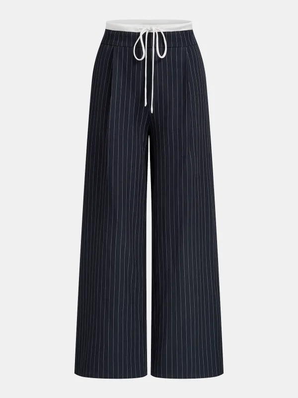 Pinstripe Drawstring Waist Wide Leg Pants sold by COMMENSE