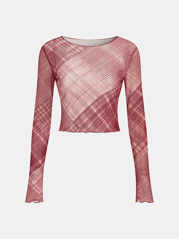 Plaid Sheer Long Sleeve Cropped Top sold by COMMENSE