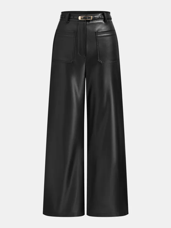 Belted Straight Leg Faux Leather Pants sold by COMMENSE