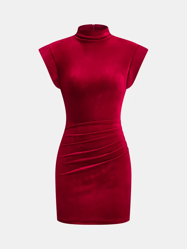 Velvet Mock Neck Ruched Sleeveless Dress sold by COMMENSE