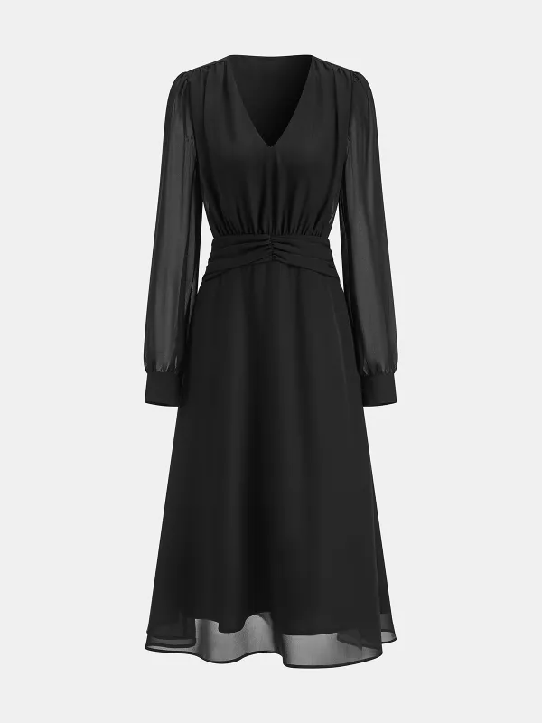 Chiffon Long Sleeve Ruched V-Neck Maxi Dress sold by COMMENSE