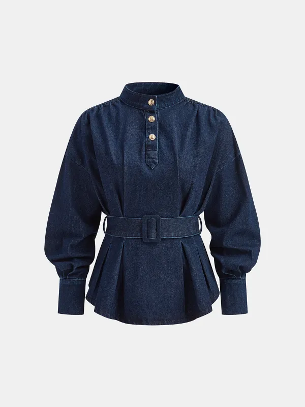 Pleated Belted Denim Peplum Top sold by COMMENSE