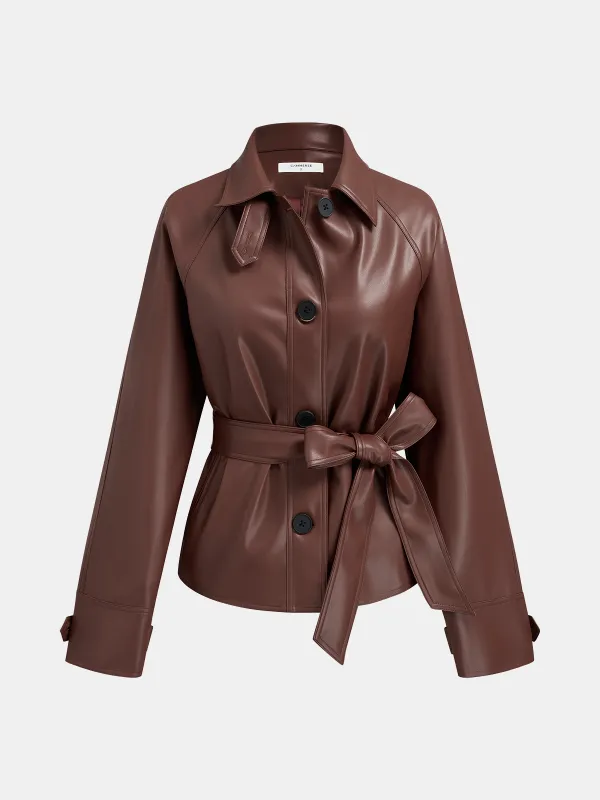 Tie Waist Collared Faux Leather Jacket sold by COMMENSE