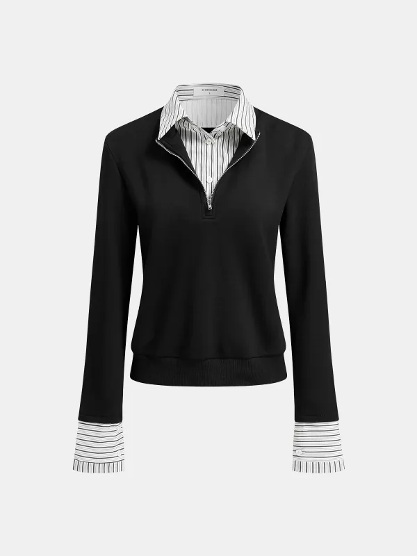 2 in 1 Striped Panel Half-Zip Top sold by COMMENSE